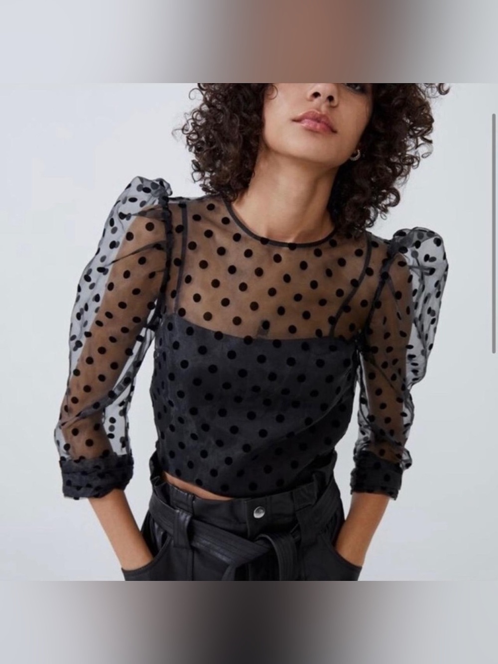 NWT Zara Sheer Black Polka Dot Puff Sleeve Top